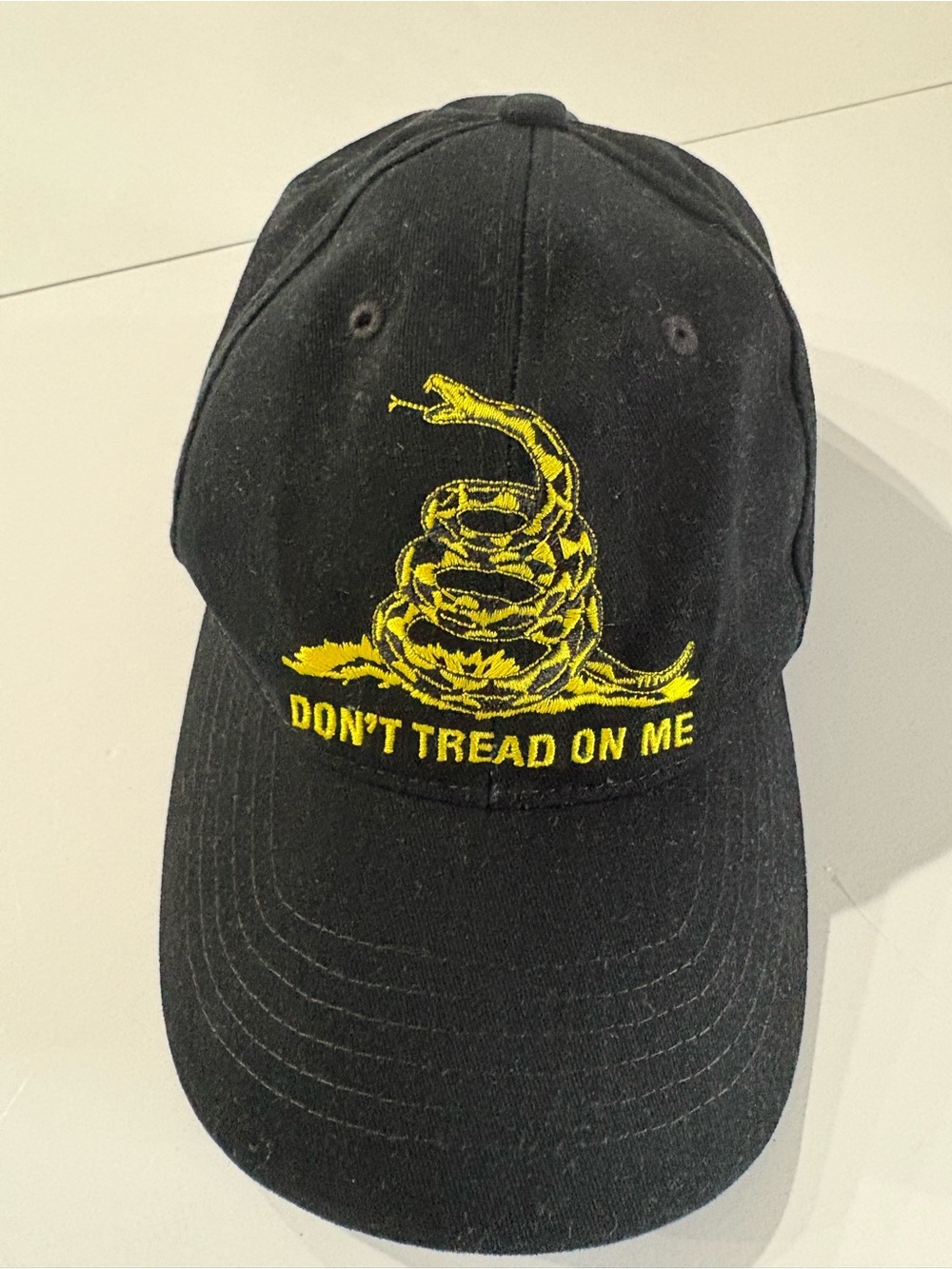 Black 'Don't Tread On Me' Hat with Yellow Snake Embroidery, adjustable, one size